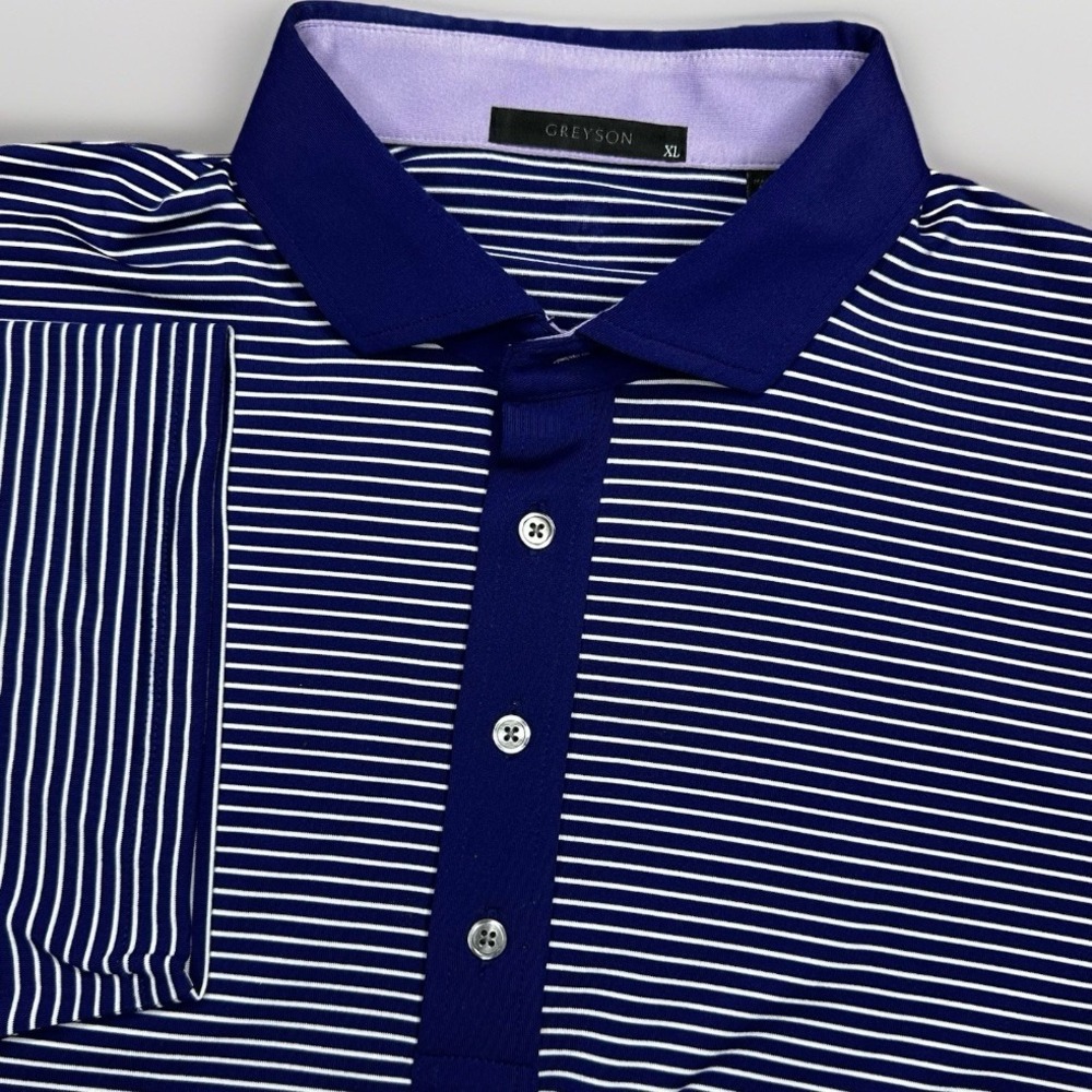 Greyson Golf Polo Shirt Men XL Blue White Striped Wolf Performance Summer Casual